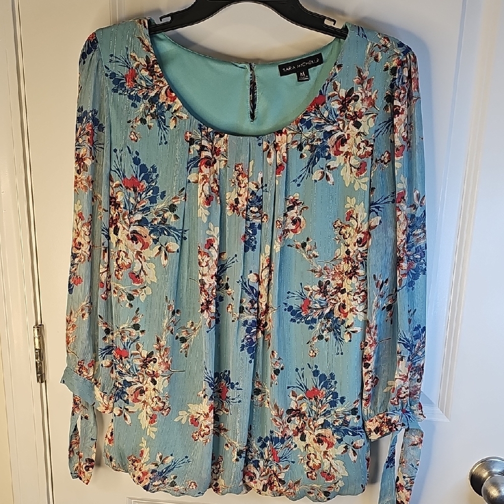 Sara Michelle Boho Floral Blouse in Blue and Red 3/4 Sleeve‎ Size M